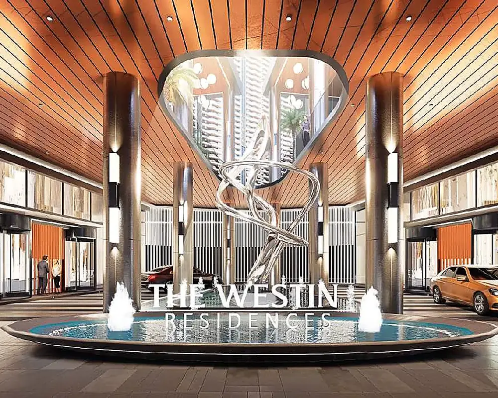 Tower drop-off with a sculptural fountain and the Westin Residences signage (artist's impression)