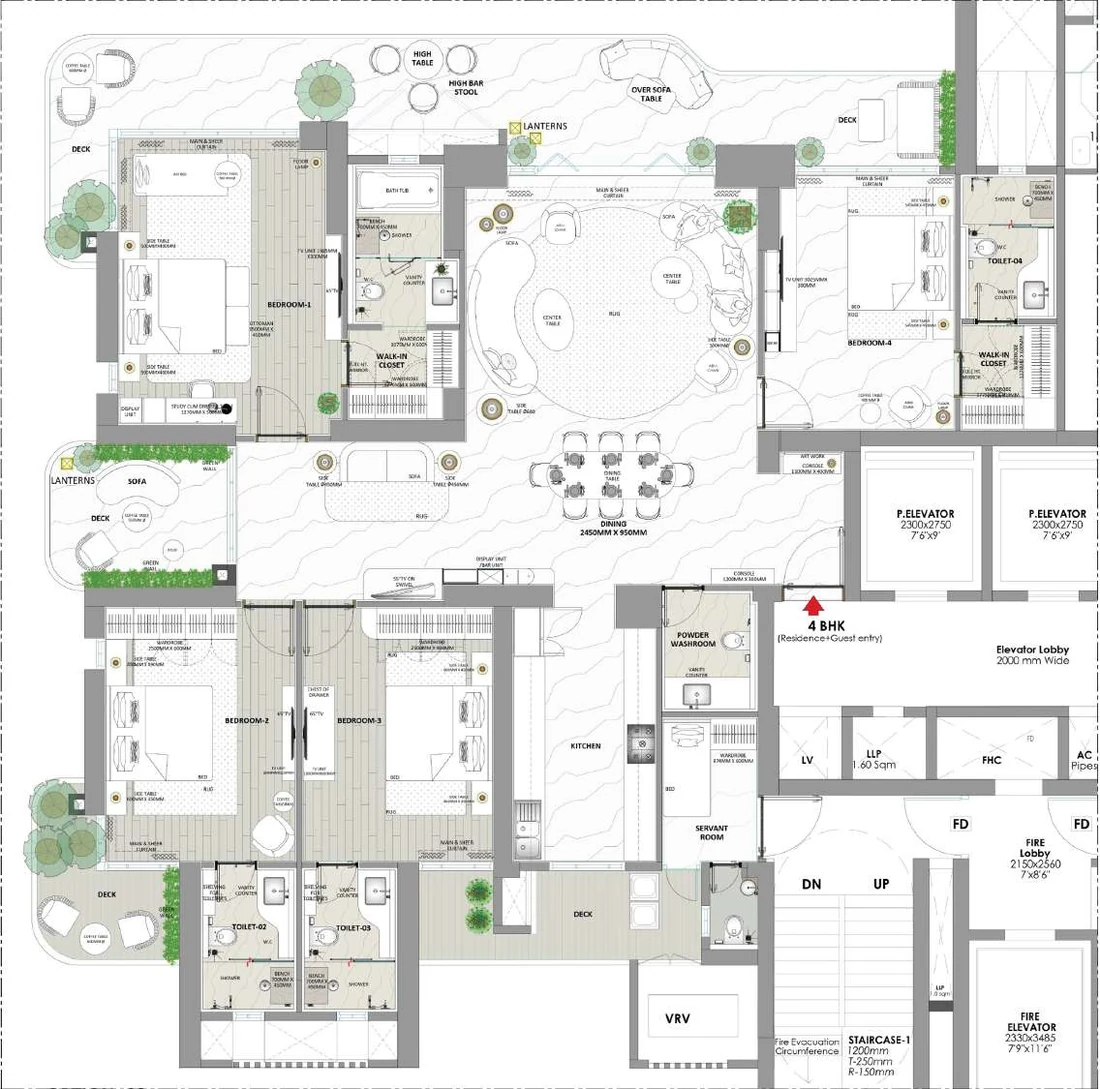 Furniture layout of a 4 BHK residence